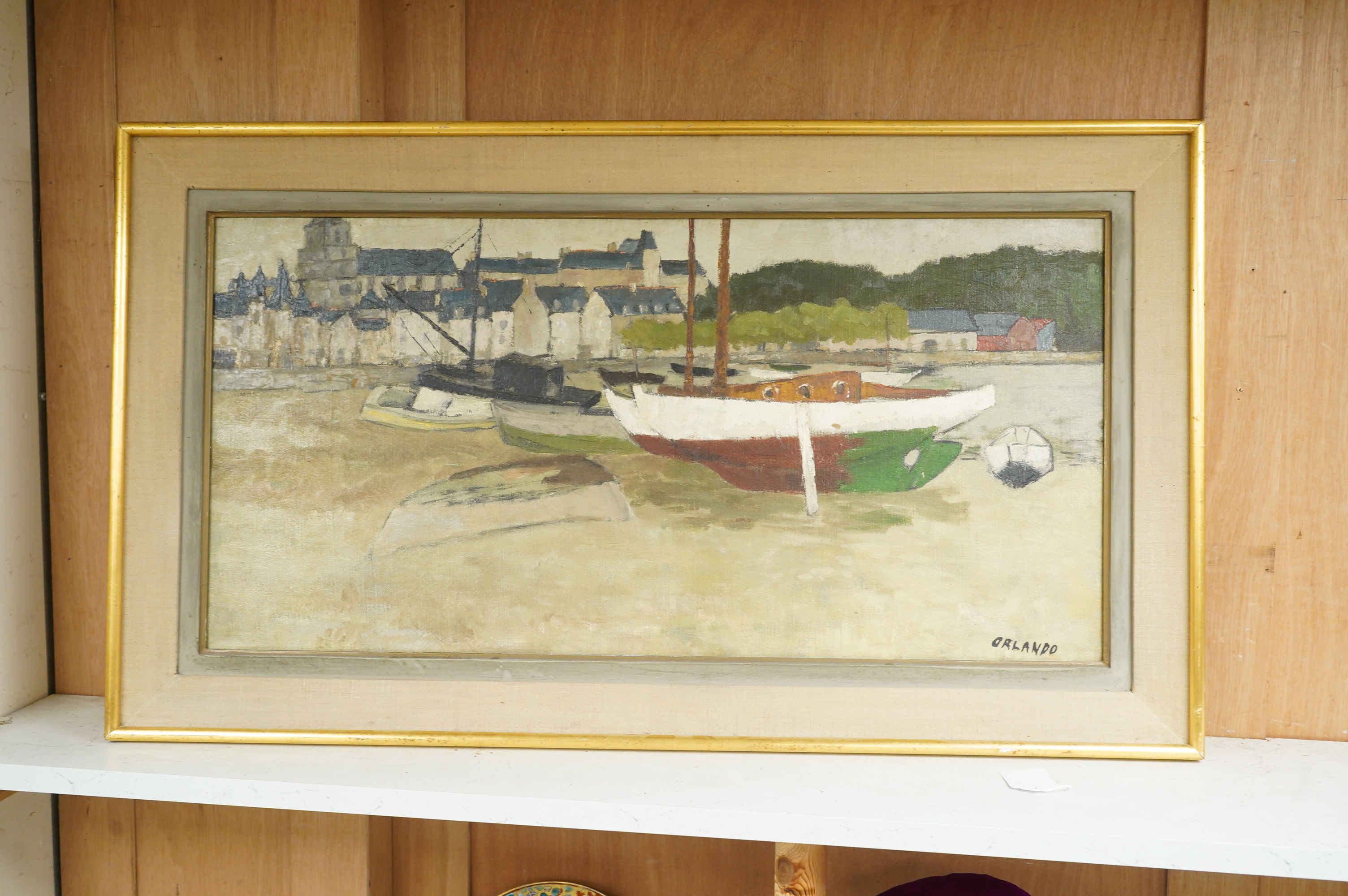 Orlando, Harbour view with beached fishing boats, signed, Modern British oil on canvas, 39 x 78cm